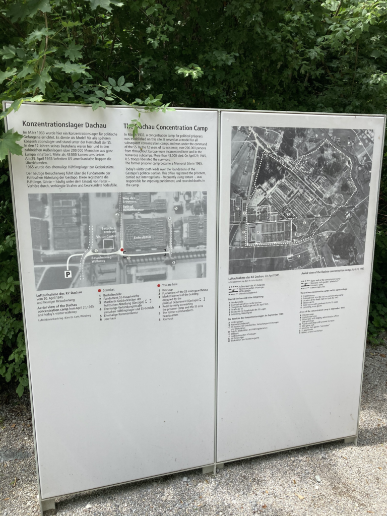 Konzentrationslager Dachau
7 errichtet. Es diente als Modeli für aile späteren
Konzentrationslager und stand unter der Herrschaft der SS.
In den 12 Jahren seines Bestehens waren hier und in den
zahlreichen Außenlagern über 200 000 Menschen aus ganz
Europa inhaftiert. Mehr als 43 000 kamen ums Leben.
Am 29. April 1945 befreiten US-amerikanische Truppen die
Überlebenden.
1965 wurde das ehemalige Häftlingslager zur Gedenkstätte.
Der heutige Besucherweg führt über die Fundamente der
Politischen Abteilung der Gestapo. Diese registrierte die
Häftlinge, führte — häufig unter dem Einsatz von Folter —
Verhöre durch, verhängte Strafen und beurkundete Todesfälle.
In Ma h 1933, a concentration camp for political prisoners
was e blished on this site. It served as a model for all
subsequent concentration camps and was under the command
of the SS. Inathe 12 years of its existence, over 200.000 persons
from throughout Europe were incarcerated here and in the
numerous subcamps. More than 43.000 died. On April 29, 1945,
U.S. troops liberated the survivors.
The former prisoner camp became a Memorial Site in 1965.
Today's visitor path leads over the foundations of the
Gestapo's political section. This office registered the prisoners,
carried out interrogations — frequently using torture —, was
responsible for imposing punishment, and recorded deaths in
the camp.
Weg-des..
Erinnerns
: : Path of
: Remembrance
Erdwa
Besuche
zentruny
IL Visitor Center
Besucherweg
Walkway
O Standort
Luftaufnahme des KZ Dachau
vom 20. April 1945
und heutiger Besucherweg
Aerial view of the Dachau
concentration camp from April 20,1945
and to.day's visitor walkway
Luftbilddatenbank Ing.-Büro Dr. Carls,Würzburg
1 Bushaltestelle
2 Fundament SS-Hauptwache
3 Markierte Gebäudeecken der
Politischen Abteilung (Gestapo) L
zwischen Häftlingslager und SS-Bereich
5 Ehemalige Kommandantur
6 Jourhaus
You are here
2 Fundations of the SS main guardhouse
3 Marked corners of the building
occupied by the
political department (Gestapo) L
4 Road formerly connecting
the prisoner camp and the SS area
5 The former commandant's
headquarters
6 Jourhaus
Luftaufnahme des KZ Dachau, 20.April 1945
Luftbilddatenbank Ing. Büro Dr Carls Würzburg
• • Außenmauer des KZ-Gelåndes
Heilkräutergarten »Plantage«
Håftlingslager
Krematoriumsbereich
Das KZ Dachau und seine Urngebung:
1 Friedenstraße
2 Eisenbahnanschluss ins KZ Dachau
3 Standort des Todeszuges am 29. April 1945
4 Strage der SS
5 Eickeplatz mit Torgebäude des SS-Lagers
6 Leitenberg, Massengrab
Die Bereiche des Konzentrationslagers im September 1944:
A Häftlingslager
C SS-Kaserne mit Unterkünften, venvaltungseinrichtungen
D Präzifix-werkstätten mit Häftlingsbaracken
E Wildpark
F Heilkräutergarten 'Plantage«
H Werkstätten des Heereszeugamts
Aerial view of the Dachau concentration camp, April 20, 1945
• • Outer wall of the concentration camp
Medicinal herb garden -plantation"
prisoners' camp
Crematorium area
The Dachau concentration camp and its surroundings:
2 Railroad track into the Dachau concentration camp
3 Location of the death train on April 29, 1945
4 Strasse der SS
5 Eicke-square with gatehouse to the SS camp
6 Leitenberg, mass graves
Areas of the concentration camp in September 1944:
A Prisoner camp
C SS barracks with lodging, administrative offices
D präZifix workshops Yith prisoner barracks
E Wild game park
F Medicinal herb garden "plantation"
G SS apartments
H Military arsenal workshops